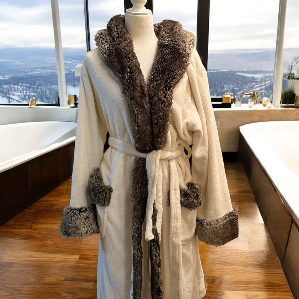 Pottery Barn Luxurious Cream Robe with Brown Faux Fur Trim